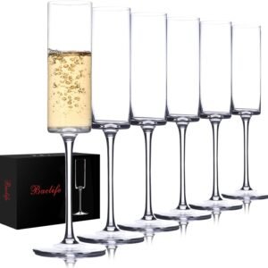 Crystal Champagne Flutes Set of 6 - Hand Blown Champagne Glasses With Long Stem - 6.5 oz Elegant Sparkling Wine Stemware - Unique Gift for Birthday