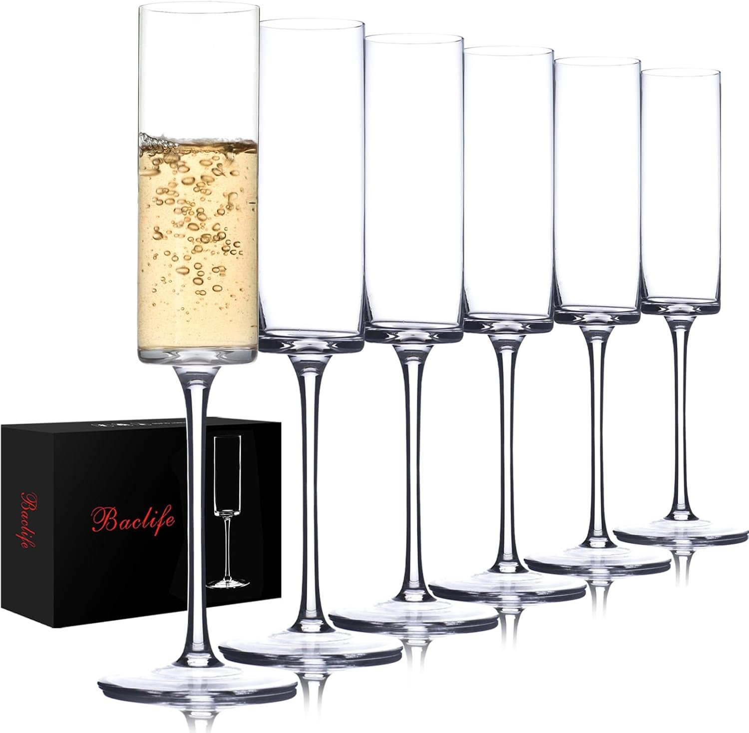 Crystal Champagne Flutes Set of 6 - Hand Blown Champagne Glasses With Long Stem - 6.5 oz Elegant Sparkling Wine Stemware - Unique Gift for Birthday