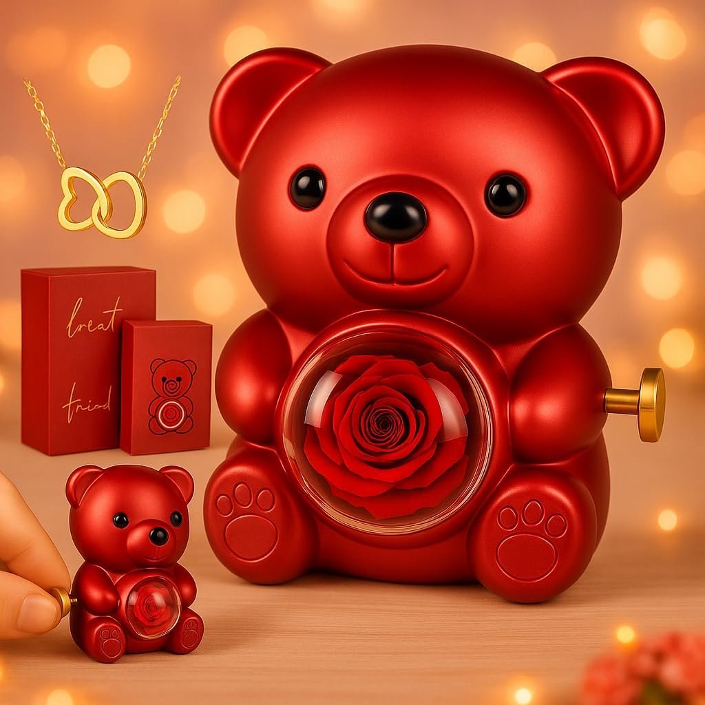Music Box Red Teddy Bear with Preserved Forever Rose - Romantic Gift for Valentine