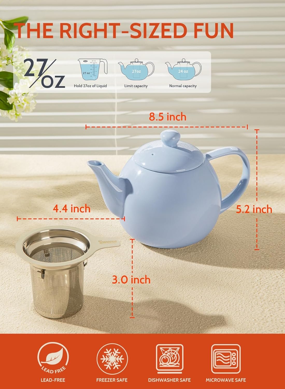 Porcelain Tea Pot with Stainless Steel Infuser, Blooming & Loose Leaf Teapot - 27ounce - 图片 2
