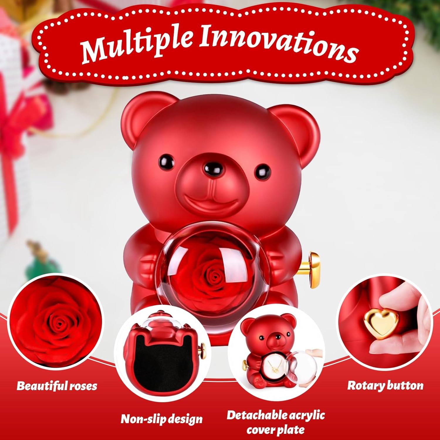 Music Box Red Teddy Bear with Preserved Forever Rose - Romantic Gift for Valentine - 图片 3