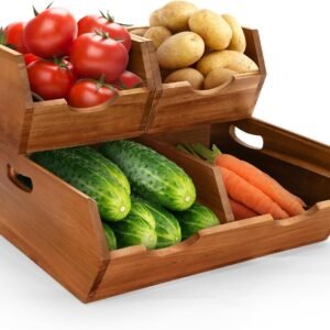 2-tier Vegetable and Fruit Organizer with Anti-slip Mat，Stacking Bins for Kitchen & Pantry