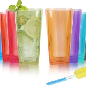 20oz Shatterproof Tumblers Set of 8 - BPA-Free Plastic Drinking Glasses with Cleaning Brush, Unbreakable Square Cups for Kitchen, Outdoor
