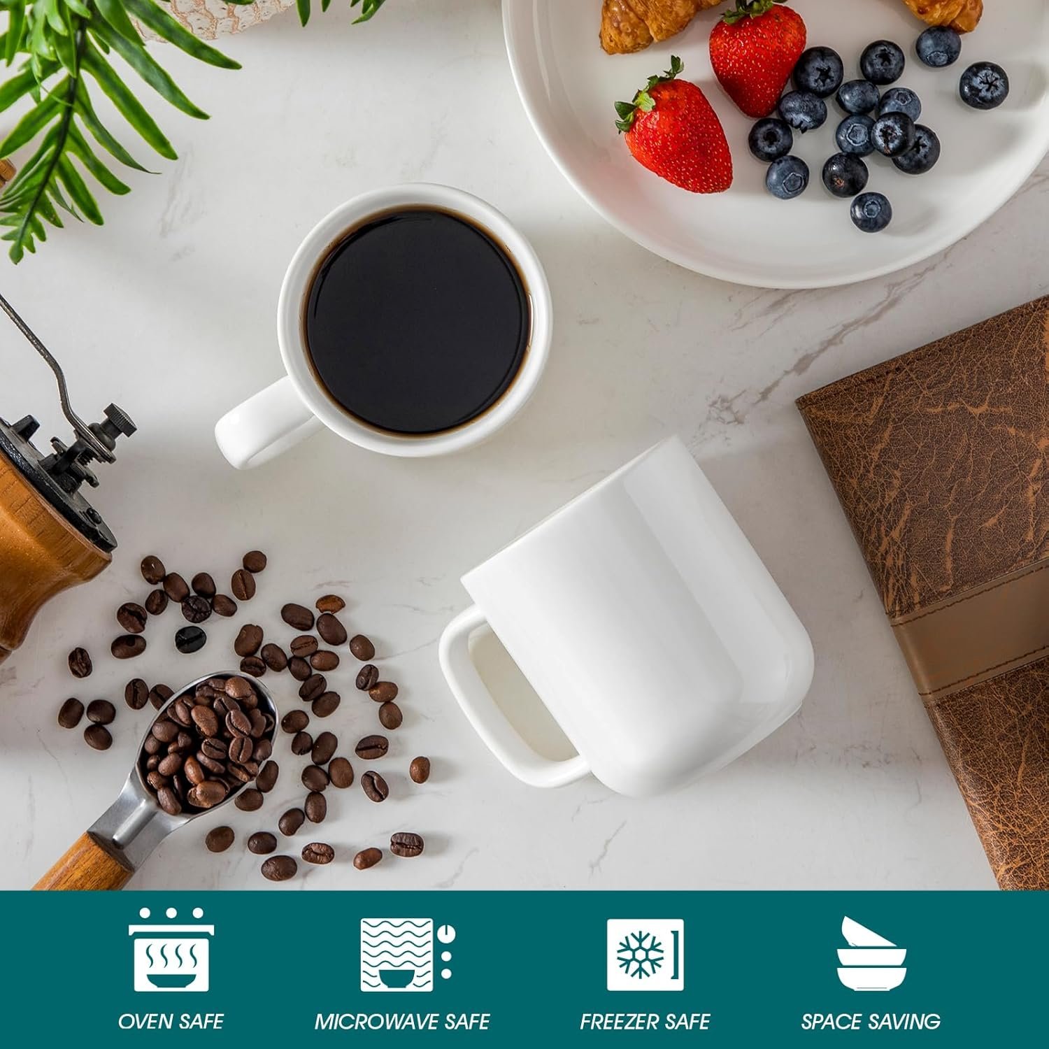 Star 12 oz Catering Mugs Cup Set with Handle for Coffee, Tea, Cocoa, Milk - Ceramic Stoneware Drinkware Set, Cappuccino White - 图片 2