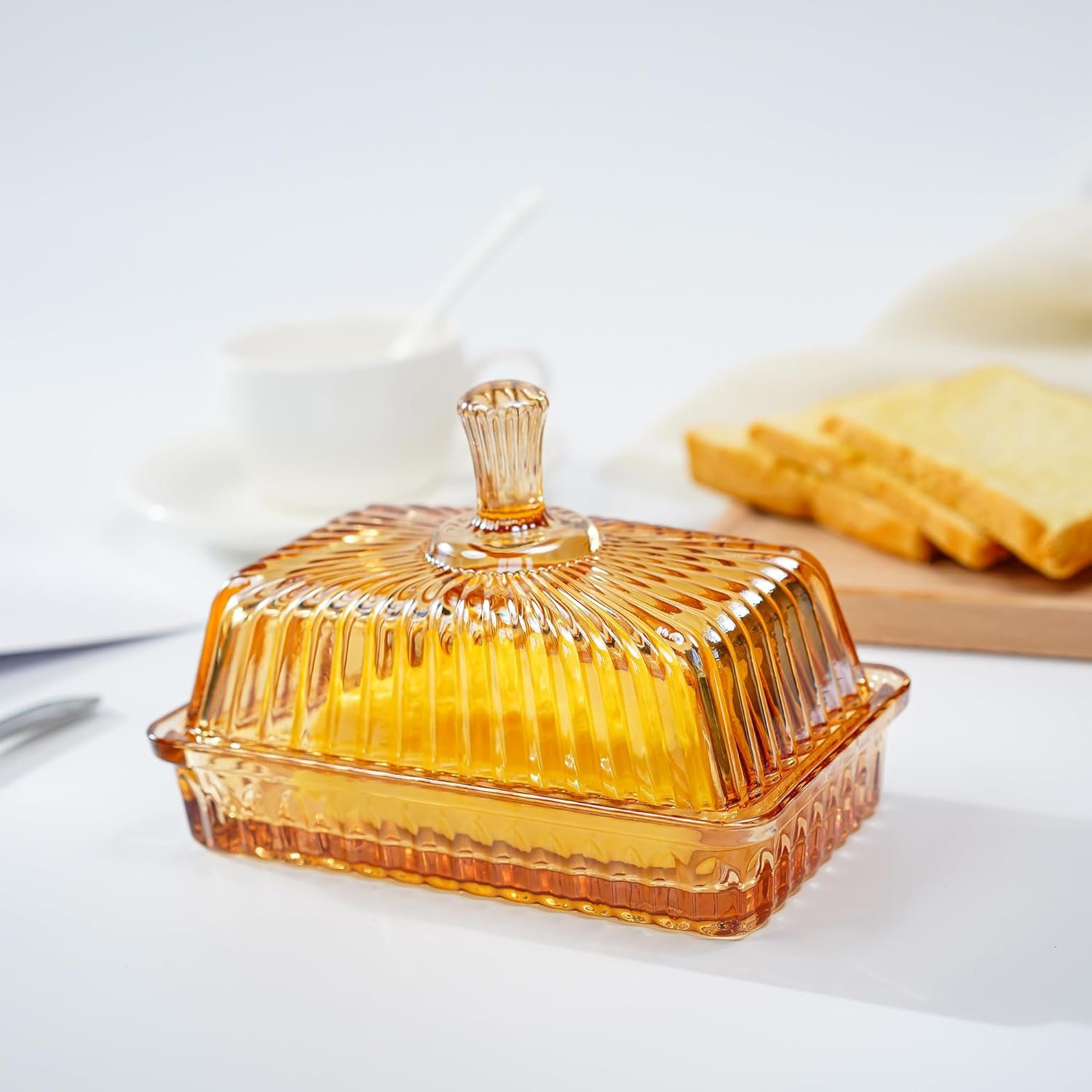 6.3" Glass Butter Dish with Cover and Long Handle for Refrigerator, Cute Crystal Covered Butter Holder Tray - 图片 3