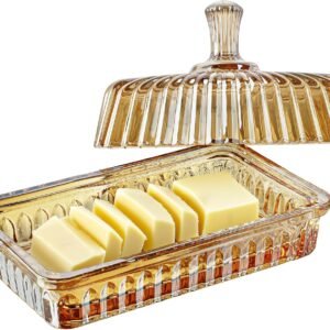 6.3" Glass Butter Dish with Cover and Long Handle for Refrigerator, Cute Crystal Covered Butter Holder Tray