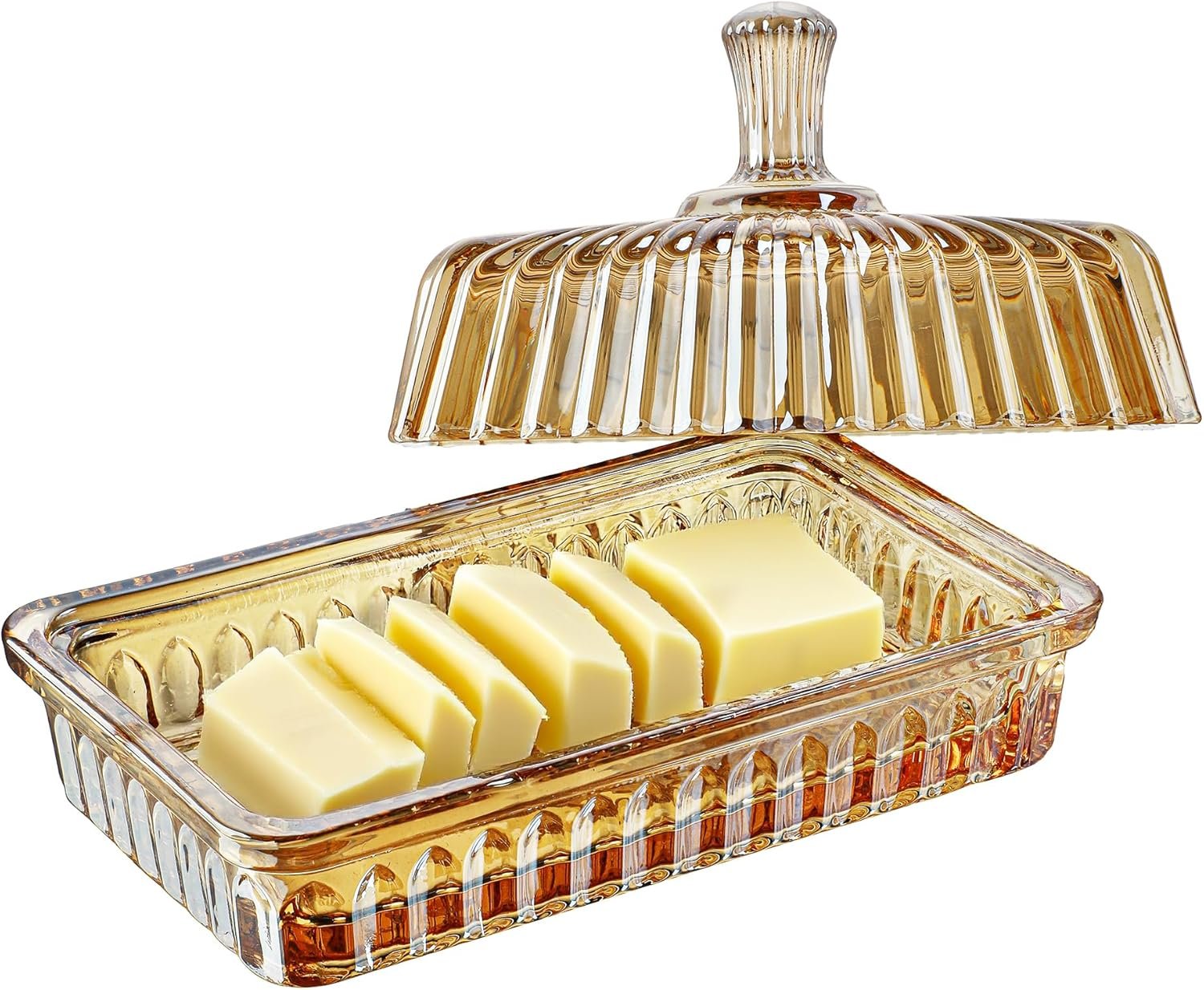6.3" Glass Butter Dish with Cover and Long Handle for Refrigerator, Cute Crystal Covered Butter Holder Tray