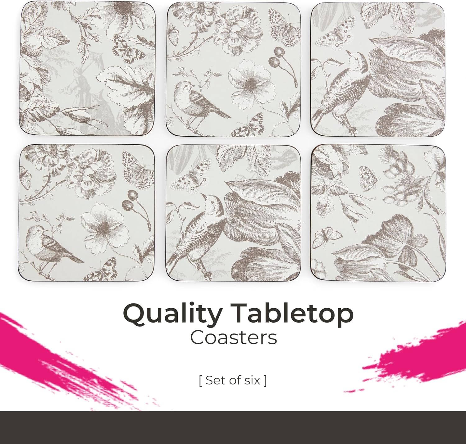 Set of 4 – 4" Square Cork-Backed Drink Mats with Grey Floral & Butterfly Design, Heat & Stain Resistant Surface Protectors for Dining & Kitchen - 图片 3