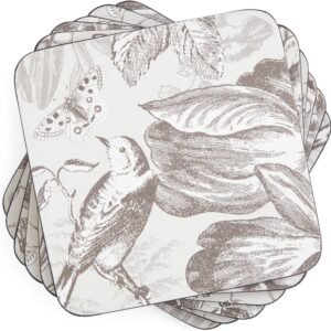 Set of 4 – 4" Square Cork-Backed Drink Mats with Grey Floral & Butterfly Design, Heat & Stain Resistant Surface Protectors for Dining & Kitchen