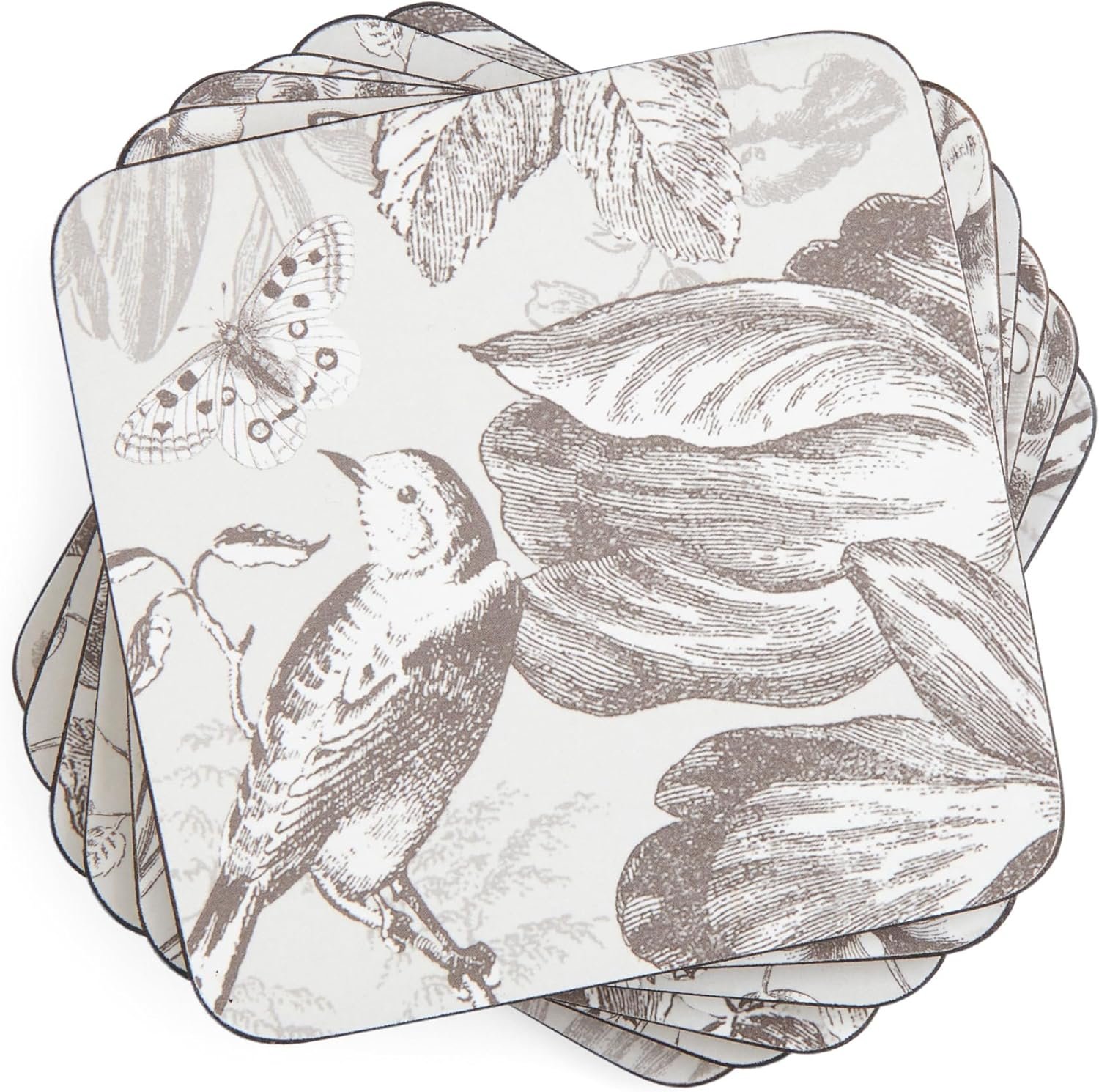 Set of 4 – 4" Square Cork-Backed Drink Mats with Grey Floral & Butterfly Design, Heat & Stain Resistant Surface Protectors for Dining & Kitchen