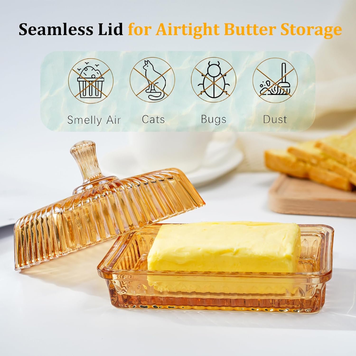 6.3" Glass Butter Dish with Cover and Long Handle for Refrigerator, Cute Crystal Covered Butter Holder Tray - 图片 2