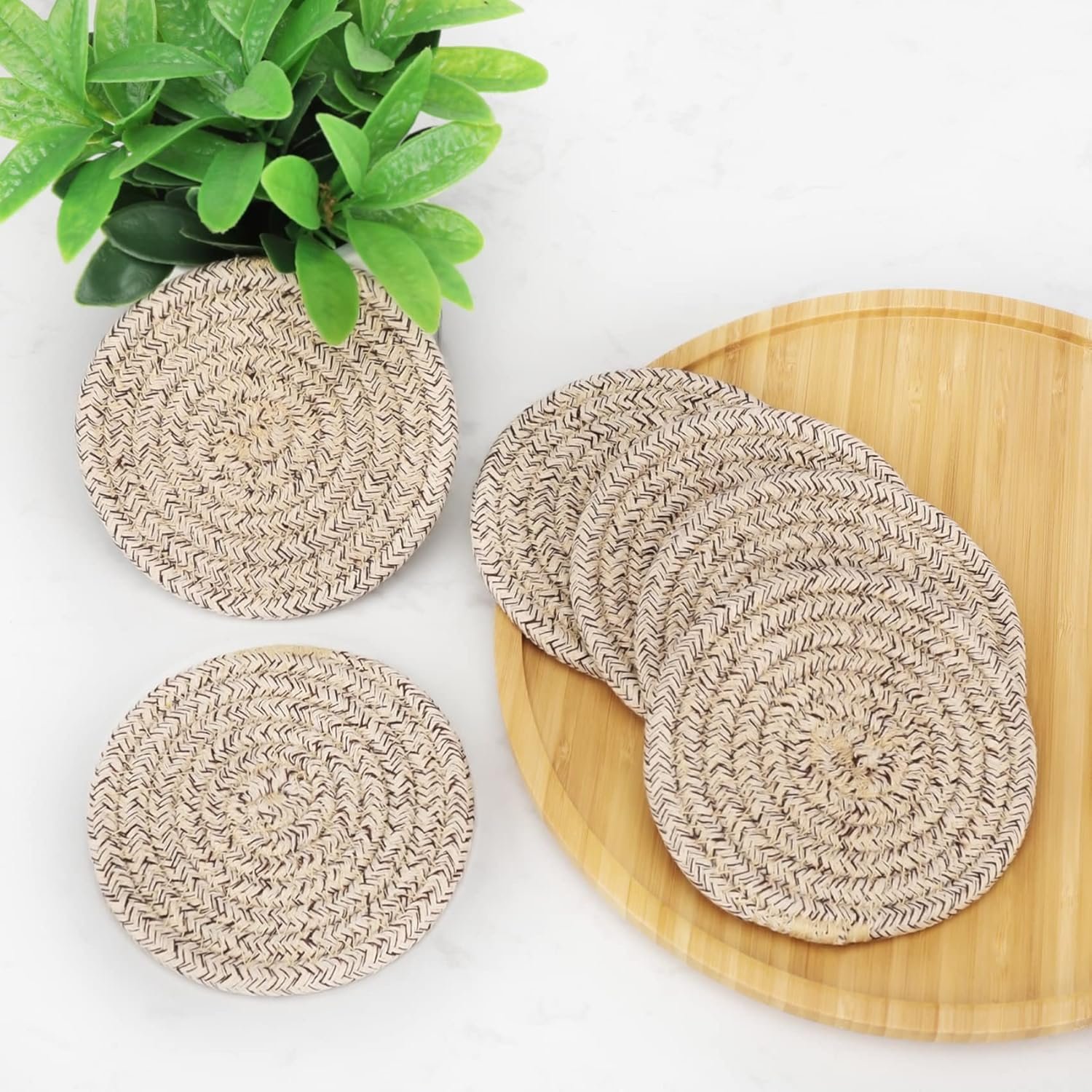 Cotton Woven Absorbent Coasters for Drinks, Minimalist Home Decor Coaster Set for Wooden Tabletop Protection Table, 4.3 inches Mixed Brown - 图片 2