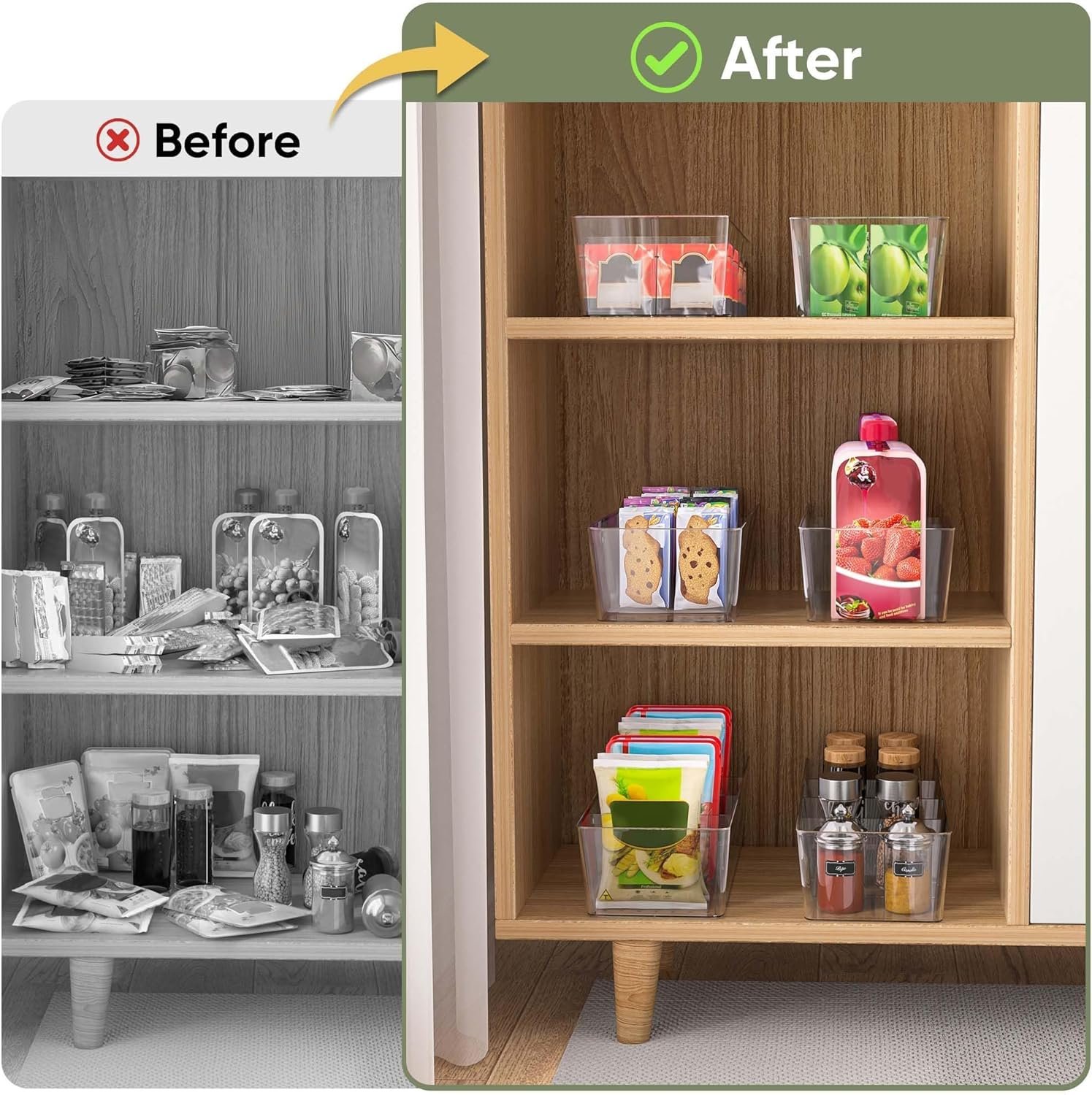 Plastic Clear Storage Bins with 3 Removable Dividers, BPA-Free Fridge Organizers for Kitchen Cabinet Bathroom - 图片 3