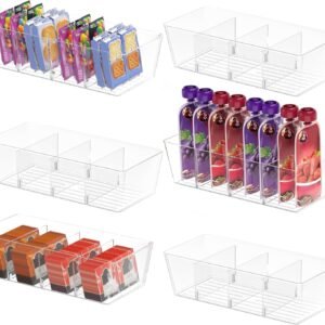 Plastic Clear Storage Bins with 3 Removable Dividers, BPA-Free Fridge Organizers for Kitchen Cabinet Bathroom