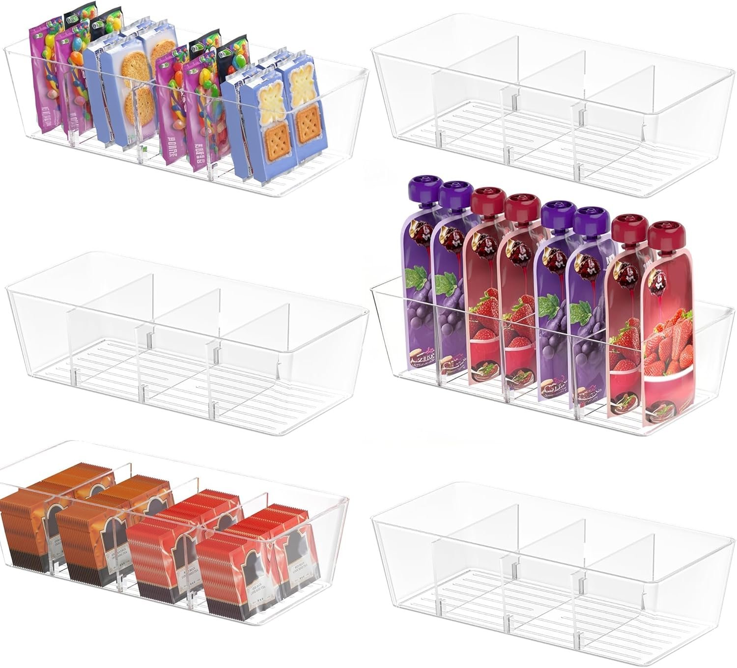 Plastic Clear Storage Bins with 3 Removable Dividers, BPA-Free Fridge Organizers for Kitchen Cabinet Bathroom