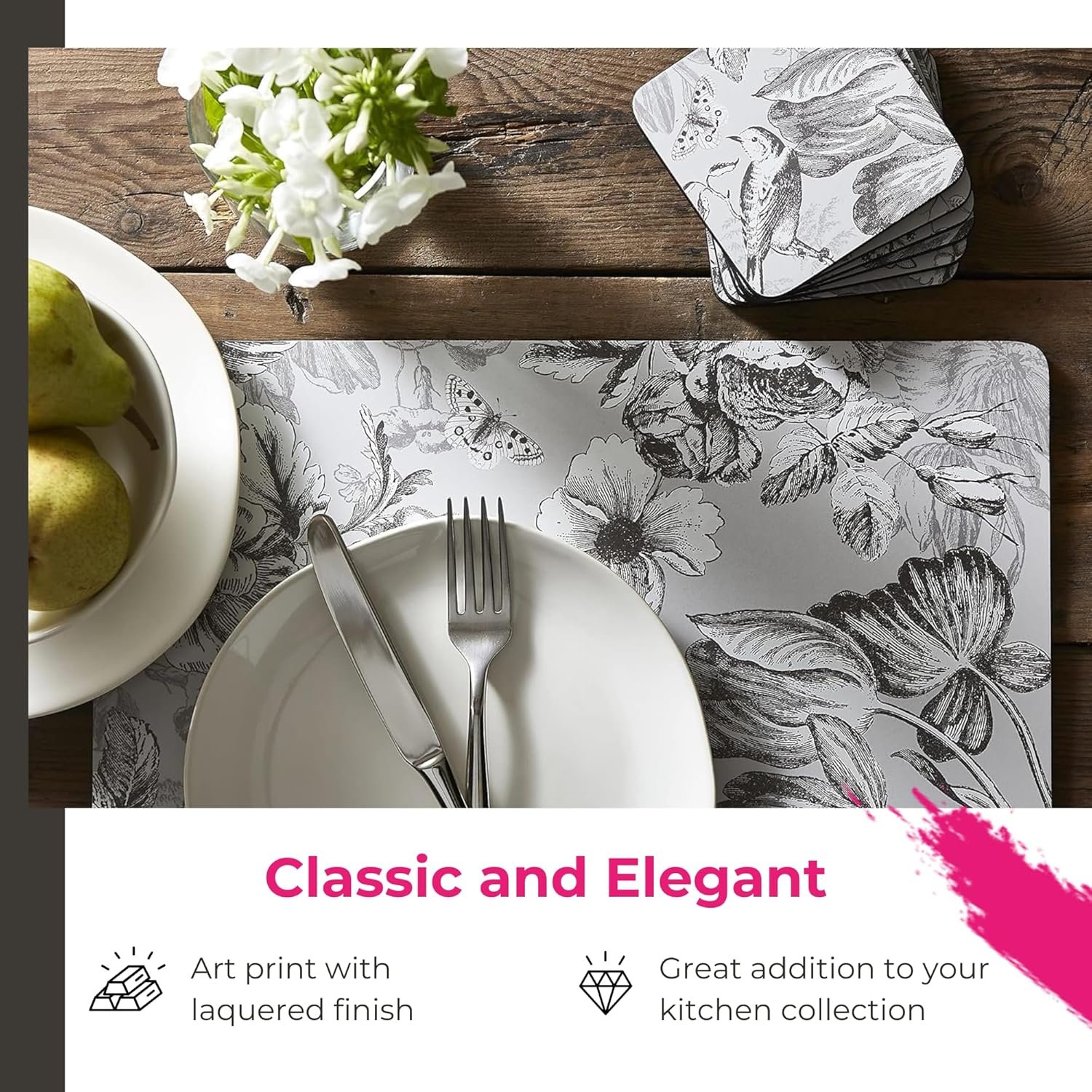 Set of 4 – 4" Square Cork-Backed Drink Mats with Grey Floral & Butterfly Design, Heat & Stain Resistant Surface Protectors for Dining & Kitchen - 图片 2