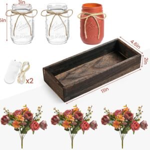 3 Pcs Mason Jar Centerpiece Table Decorations for Dining Table Decor Farmhouse Coffee Table Decor with Wood Tray and Led Light Table Centerpieces for Dining room Kitchen Living Bathroom