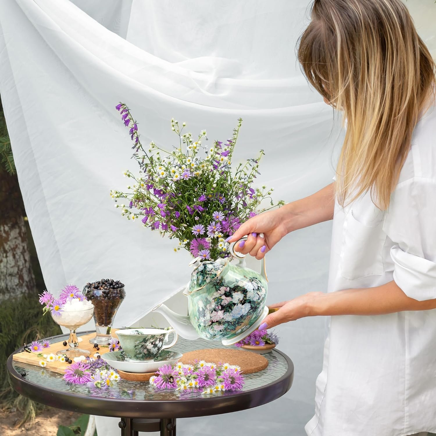 Teapot 30 oz Van Gogh Paintings Bone China Loose Tea Pot Floral Design Vintage Ceramic Coffee Water Pot European Style Porcelain - 图片 3