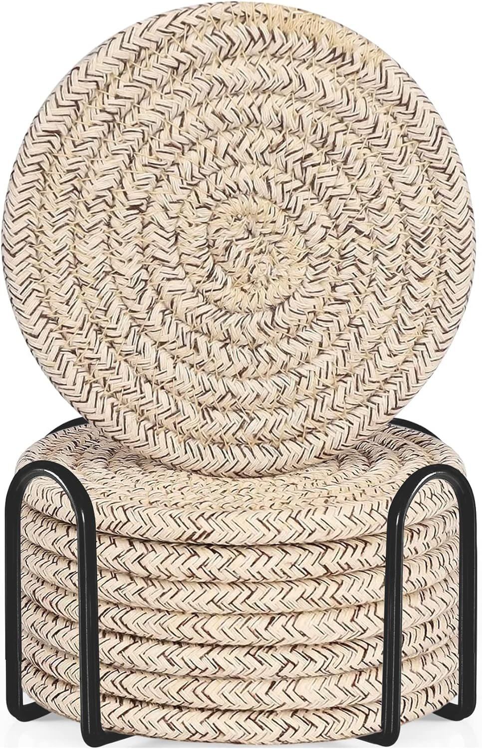 Cotton Woven Absorbent Coasters for Drinks, Minimalist Home Decor Coaster Set for Wooden Tabletop Protection Table, 4.3 inches Mixed Brown